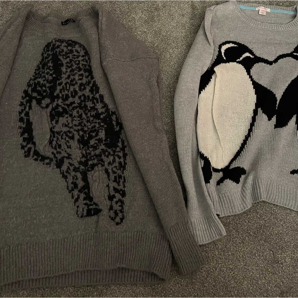 Express Gray and Black Cheetah Graphic Sweater Size Large
